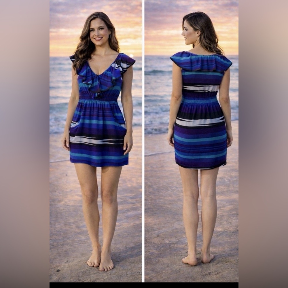 Anthropologie Yumi Kim XS Extra Small 0 2 4 Dress Blue Purple Ruffle Summer SILK